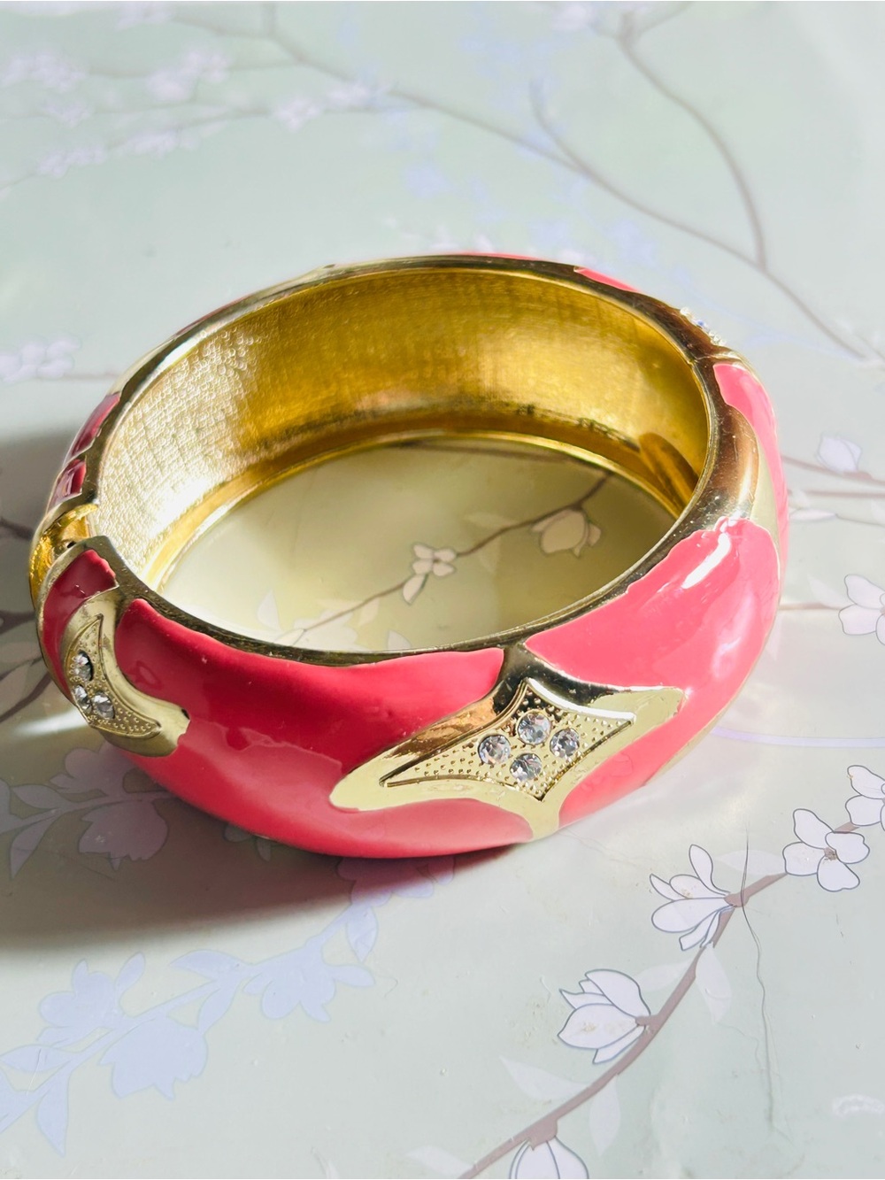 Gold-Tone Pink Enamel Crystal Accent Bangle Bracelet